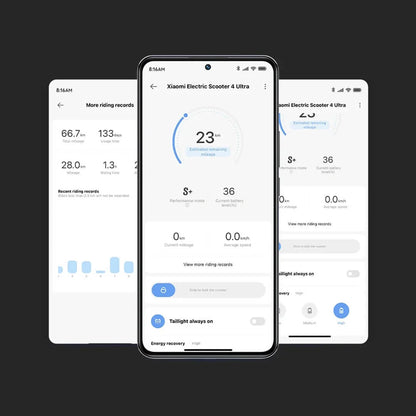 Zasloni, ki prikazujejo aplikacijo Xiaomi Električni skiro 4 Ultra s statistiko vožnje in nastavitvami.