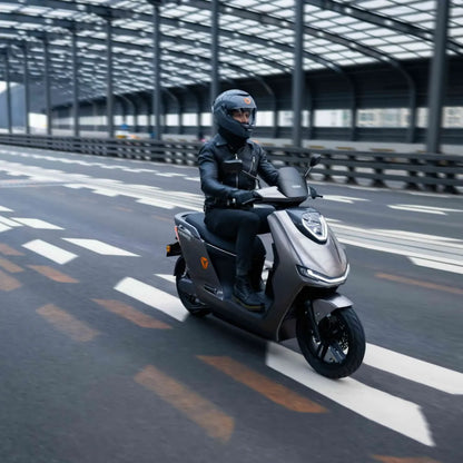 Voznik s čelado na električnem skuterju Yadea Fierider, ki se vozi po moderni cesti.