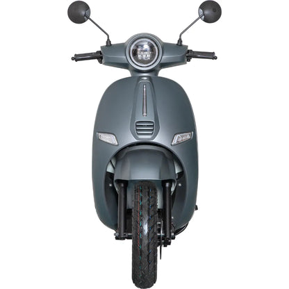 Sprednji pogled električnega skuterja Efo Et5000, ki se ponaša z elegantnim dizajnom in okroglo sprednjo lučjo.