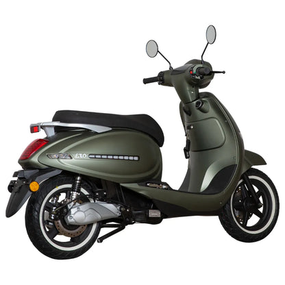 Električni skuter Efo Et5000 v olivno zeleni barvi, ki se ponaša z elegantnim dizajnom in modernimi funkcijami.