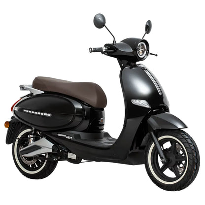 Električni skuter Efo Et3000 v elegantni črni izvedbi z rjavim sedežem in modernimi funkcijami.