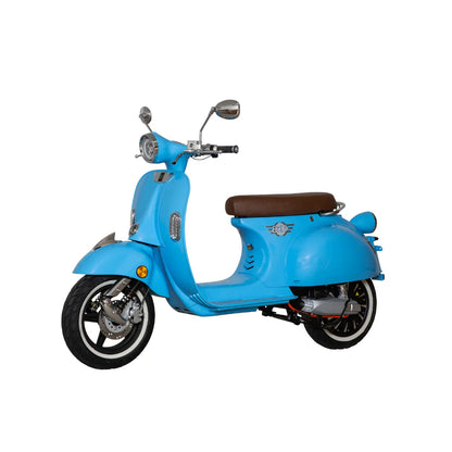 Modri električni skuter Efo Ev3000 z vintage dizajnom in rjavim sedežem.