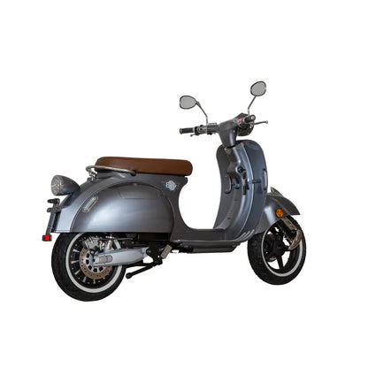 Električni skuter Efo Ev3000 v elegantni sivi barvi z rjavim sedežem in modernim dizajnom.