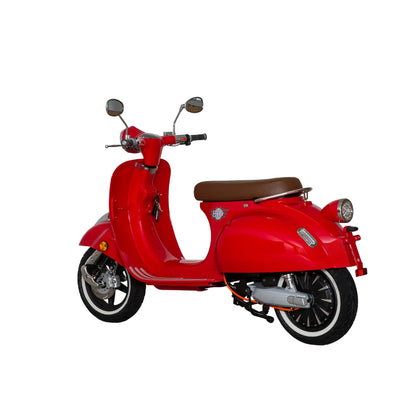 Rdeč električni skuter Efo Ev3000 z rjavim sedežem in elegantnim dizajnom.