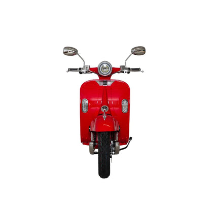 Sprednji pogled rdečega električnega skuterja Efo Ev3000 s kromiranimi ogledali in žarometi.