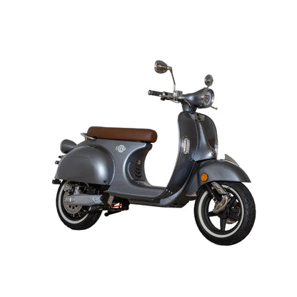 Električni skuter Efo Ev3000 v sivi barvi z rjavim sedežem, ki prikazuje retro dizajn.