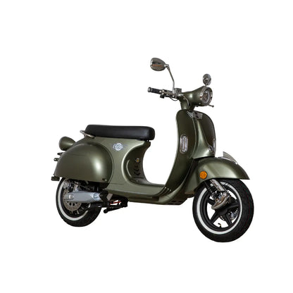 Električni skuter Efo Ev3000 v olivno zeleni barvi, ki se ponaša z elegantnim dizajnom in udobnim sedežem.