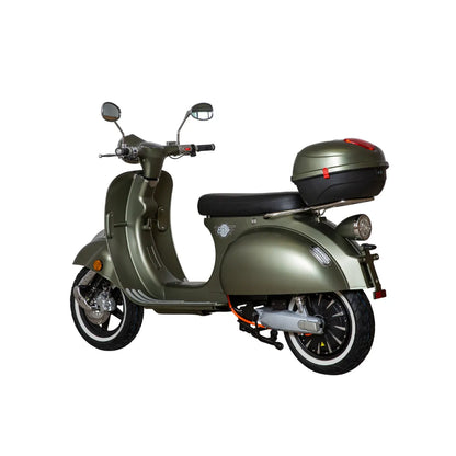 Električni skuter Efo Ev3000 v olivno zeleni barvi, z elegantnim dizajnom in zadnjim prostorom za shranjevanje.