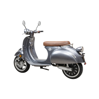 Električni skuter Efo Ev4000 v elegantni srebrni barvi z rjavim sedežem, ki prikazuje retro dizajn.