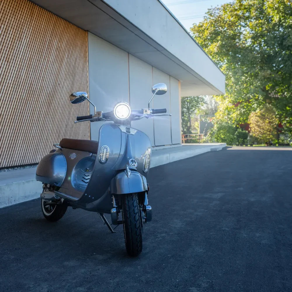 Električni skuter Efo Ev4000 parkiran na gladkem dovozu z zelenjem v ozadju.