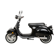 Stranski pogled elegantnega črnega električnega skuterja Efo Ev4000 z vintage dizajnom.