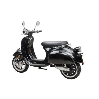 Eleganten črn električni skuter Efo Ev4000 s retro dizajnom in udobnim sedežem.