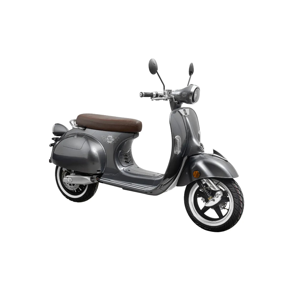 Električni skuter Efo Ev4000 v elegantni sivi barvi z rjavim sedežem in retro dizajnom.