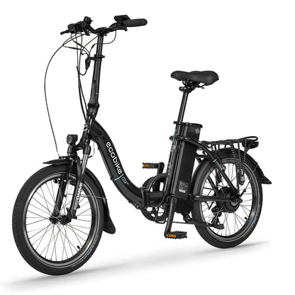 Izdelek na sliki je električno kolo znamke Ecobike, model Even. Na sliki je vidno zložljivo električno kolo s črnim okvirjem, širokimi pnevmatikami in udobnim sedežem. Kolo ima tudi prtljažnik in električni motor, kar omogoča lažje premagovanje daljših razdalj. Ročaji na krmilu so ergonomski, kar prispeva k udobni vožnji.