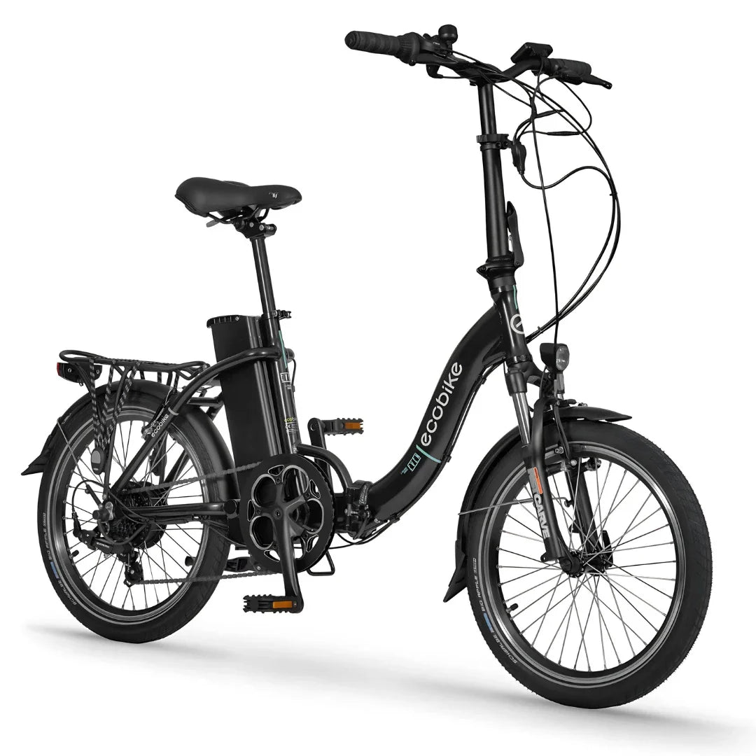 Izdelek na sliki je električno kolo znamke Ecobike, model Even. Kolo ima zložljivo konstrukcijo, kar omogoča enostavno shranjevanje in prenašanje. Na sliki so vidni tudi široki pnevmatiki, udobno sedežno mesto ter električni motor, ki je nameščen na okvirju. Zasnova je moderna in funkcionalna, kar je primerno za mestno vožnjo.