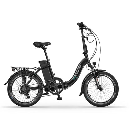 Izdelek na sliki je električno kolo znamke Ecobike, model Even. Kolo ima kompakten dizajn s manjšimi kolesi in zložljivo konstrukcijo, kar omogoča enostavno shranjevanje in prenašanje. Na sliki je vidna tudi baterija, nameščena na okvirju, ter udoben sedež in krmilo, ki sta prilagojena za udobno vožnjo. Celotna zasnova je moderna in praktična za mestno uporabo.