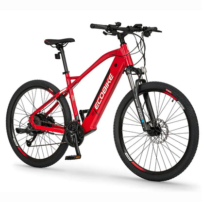 Izdelek je električno kolo, znamke Ecobike, model SX-4. Na sliki je vidno rdeče kolo z robustnim okvirjem, širokimi kolesi in vzmetenjem spredaj, kar nakazuje, da je primerno za vožnjo po različnih terenih. Kolo ima tudi disk zavore in več prestav, kar omogoča boljšo prilagodljivost pri vožnji.