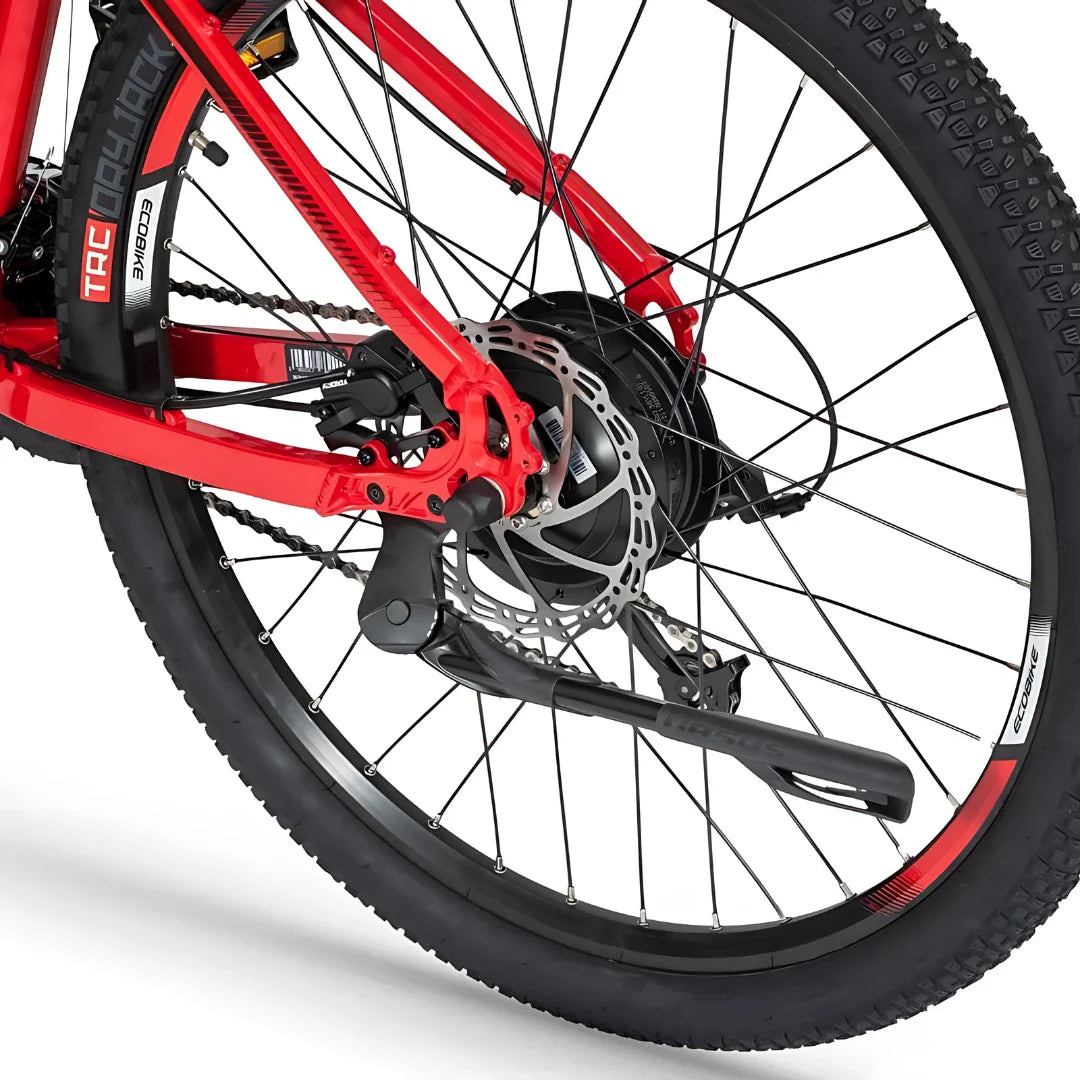 Na sliki je električno kolo znamke Ecobike, model SX-4. Vidna je zadnja stran kolesa, kjer se nahajajo elementi, kot so motor, zavore in menjalnik. Kolo ima rdečo barvo okvirja ter široke pnevmatike, kar nakazuje na primernost za različne terene.