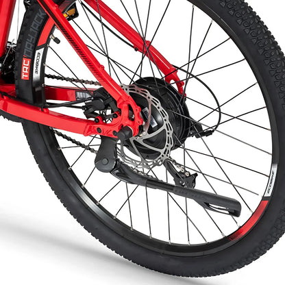 Na sliki je električno kolo znamke Ecobike, model SX-4. Vidna je zadnja stran kolesa, kjer se nahajajo elementi, kot so motor, zavore in menjalnik. Kolo ima rdečo barvo okvirja ter široke pnevmatike, kar nakazuje na primernost za različne terene.