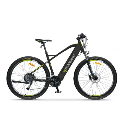 Izdelek na sliki je električno kolo znamke Ecobike, model SX-5. Kolo ima robustno zasnovo, opremljeno z debelimi kolesi, kar omogoča dobro stabilnost in oprijem na različnih terenih. Vidna sta tudi motor in baterija, ki sta integrirana v okvir, kar prispeva k estetiki in funkcionalnosti kolesa. Na krmilu so nameščeni ročaji in menjalnik za enostavno upravljanje.