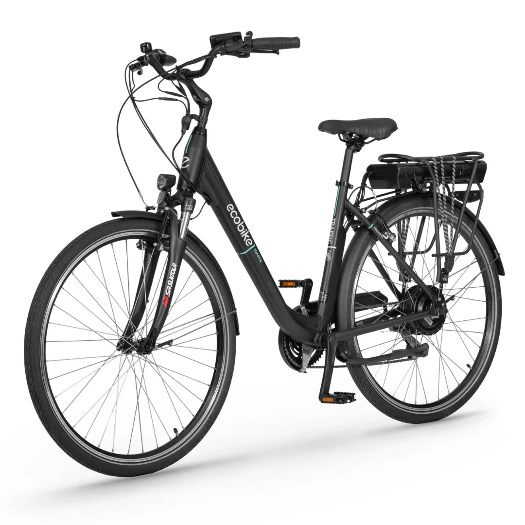 Eleganten črn električno kolo, označen z Ecobike, pripravljen za uporabo v prometu.
