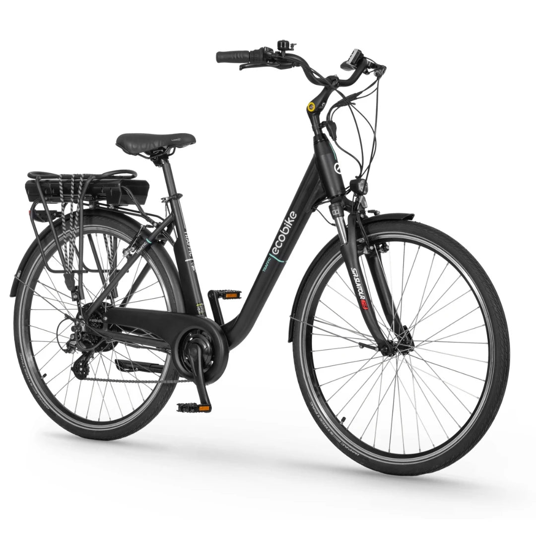 Elegantno črno električno kolo podjetja Ecobike, zasnovano za učinkovito mestno mobilnost.