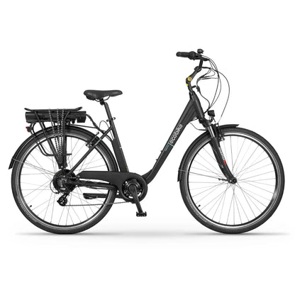 Na sliki je električno kolo znamke Ecobike. Kolo ima moderno zasnovo s širokimi pnevmatikami in nizkim okvirjem, kar olajša vstop in izstop. Na zadnjem delu kolesa je nameščena baterija, kar nakazuje, da je kolo zasnovano za udobno vožnjo po mestnih ulicah. Rdeči detajli na kolesu dodajajo estetski pridih.