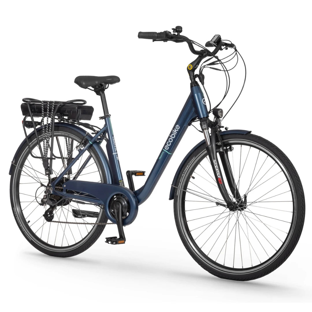Električno kolo Ecobike, zasnovano za mestni promet z elegantnim, modernim okvirjem.