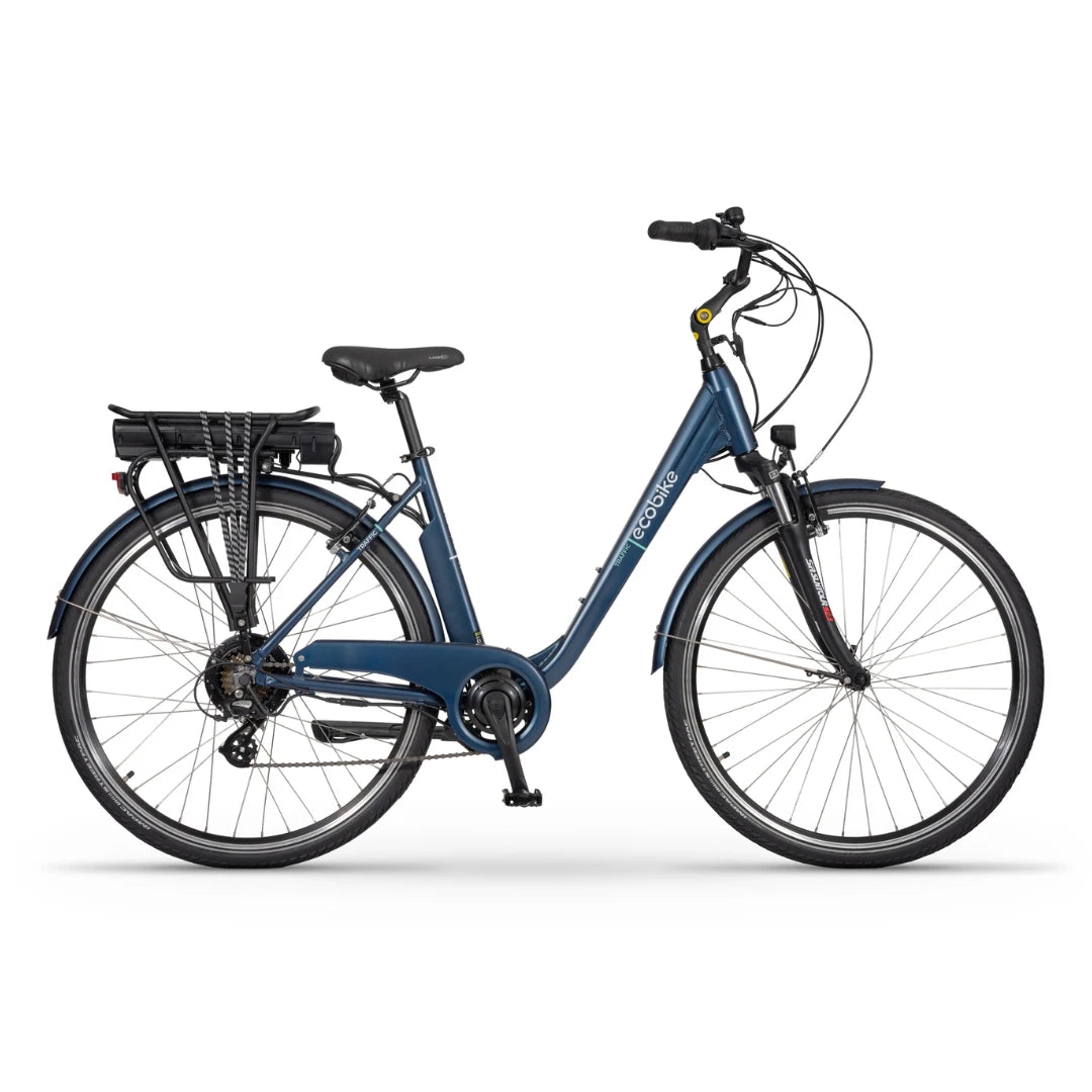 Modro električno kolo znamke Ecobike, zasnovano za mestni promet in okolju prijazno vožnjo v službo.