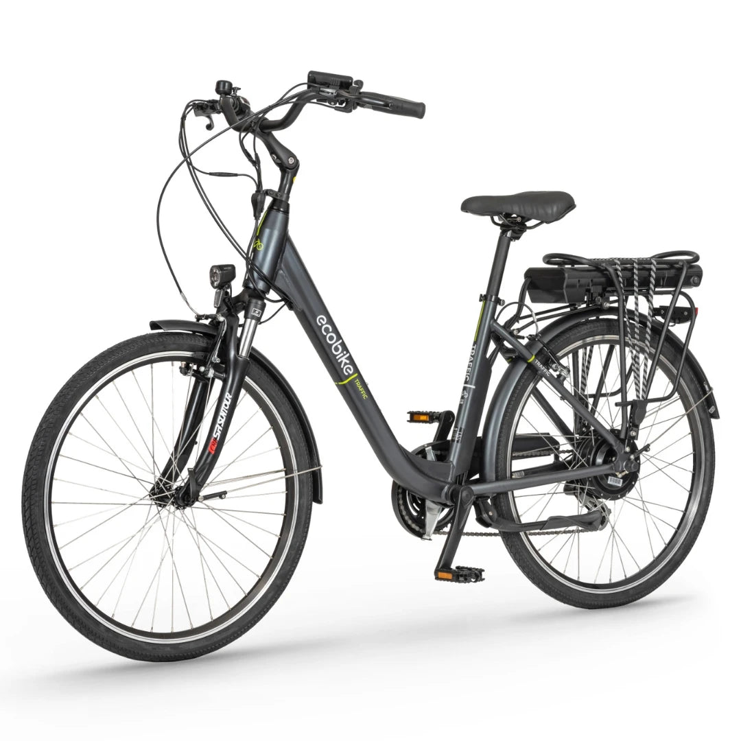 Elegantno električno kolo podjetja Ecobike, zasnovano za mestni promet in okolju prijazno vožnjo v službo.