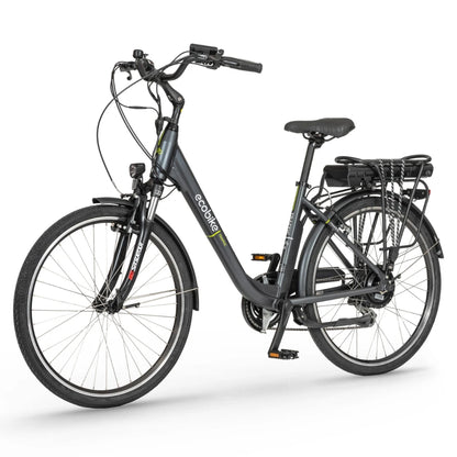 Elegantno električno kolo podjetja Ecobike, zasnovano za mestni promet in okolju prijazno vožnjo v službo.
