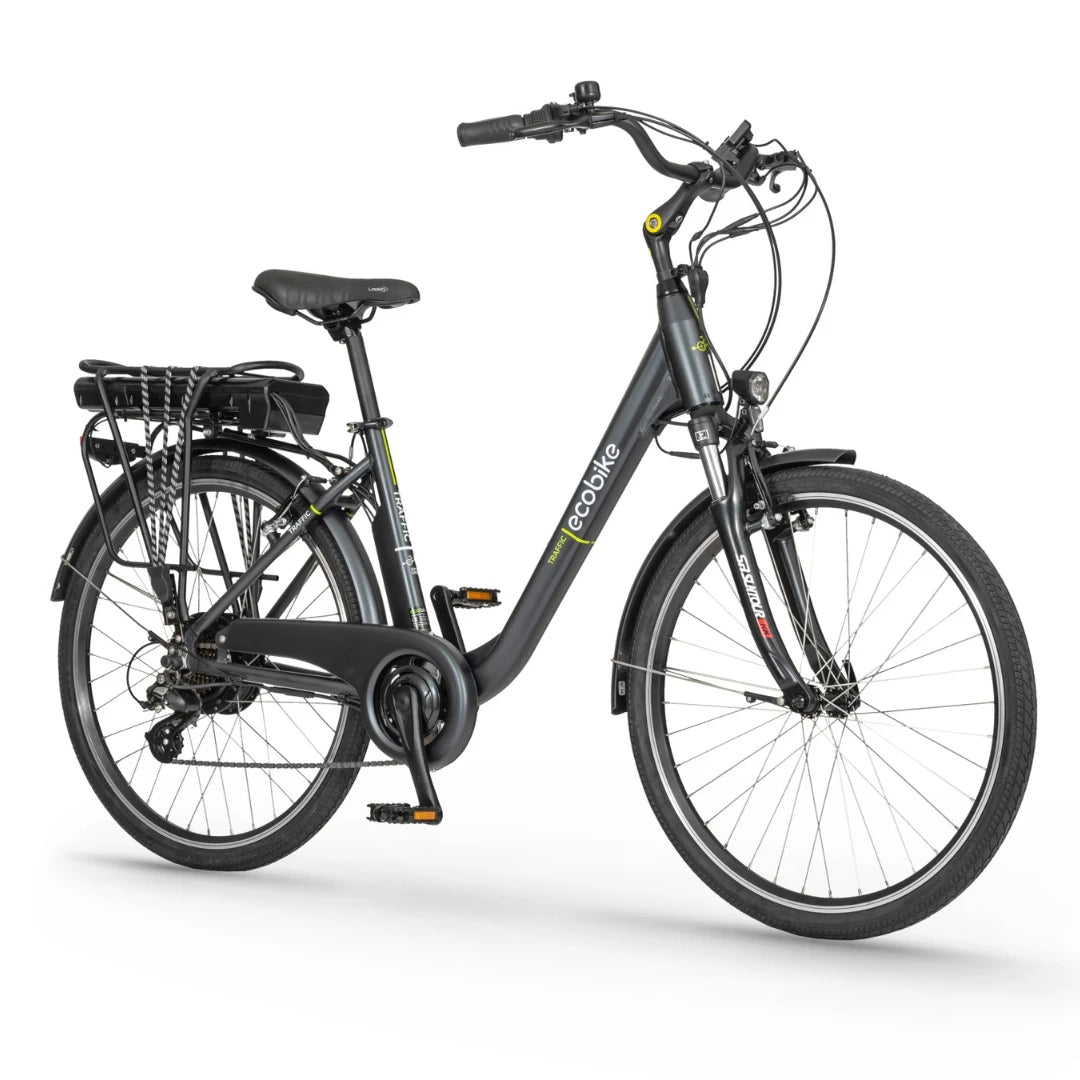 Elegantno črno električno kolo Ecobike, idealno za okolju prijazno vožnjo v prometu.