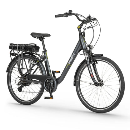 Elegantno črno električno kolo Ecobike, idealno za okolju prijazno vožnjo v prometu.