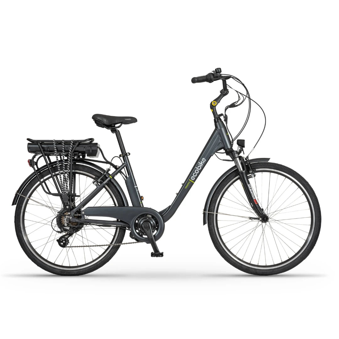 Sivo električno kolo Ecobike, zasnovano za mestni promet in okolju prijazno vožnjo v službo.