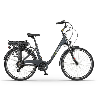 Sivo električno kolo Ecobike, zasnovano za mestni promet in okolju prijazno vožnjo v službo.