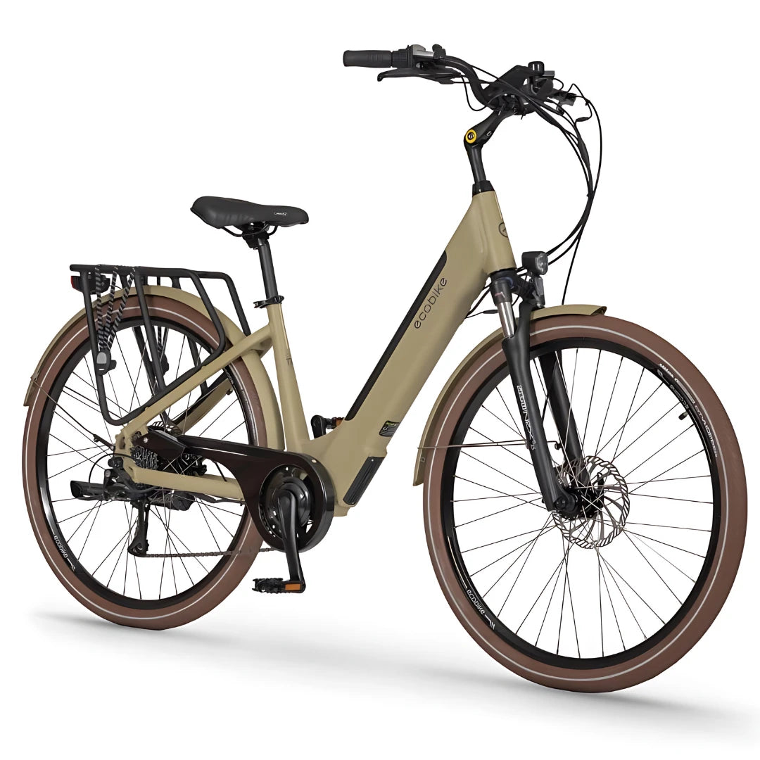Električno kolo Ecobike X City v elegantni obliki z bež okvirjem in rjavimi pnevmatikami.