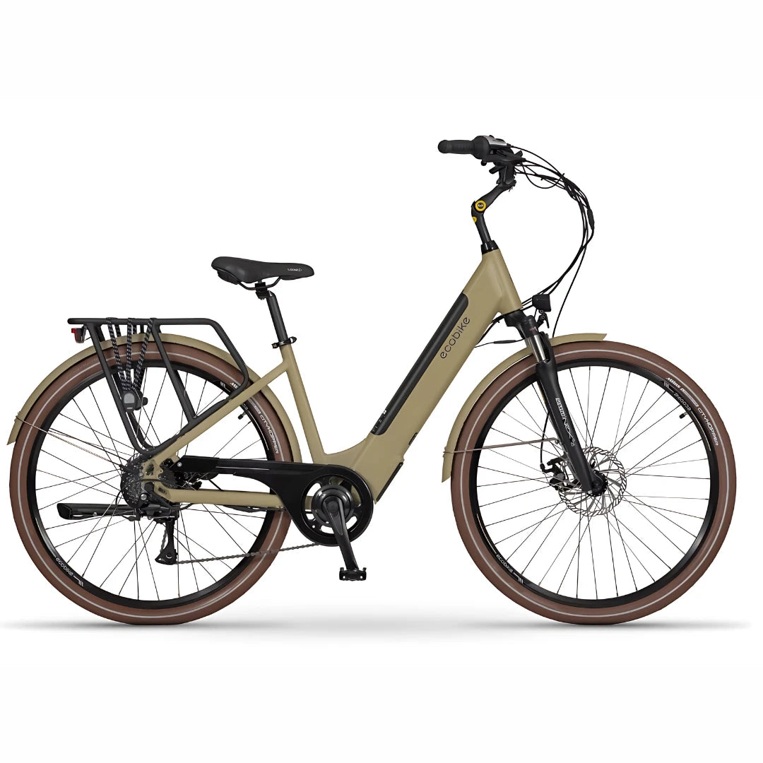 Električno kolo Ecobike X City v olivno zeleni barvi, z okvirjem z nizkim vstopom in širokimi pnevmatikami.
