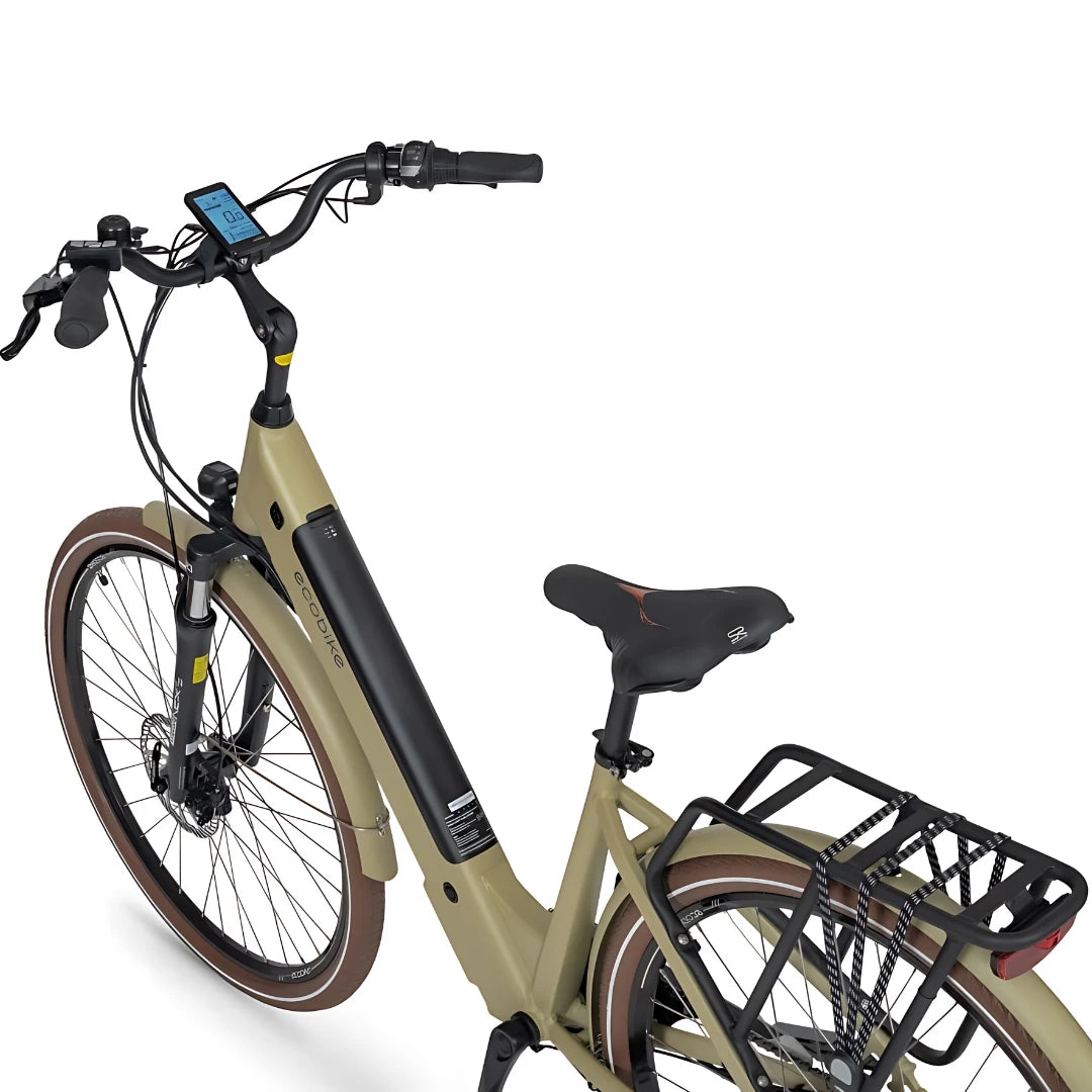 Električno kolo Ecobike X City v olivno zeleni barvi z elegantnim dizajnom in digitalnim zaslonom.