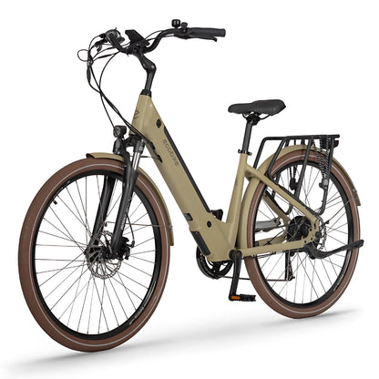 Električno kolo Ecobike X City elegantnega dizajna z rjavimi pnevmatikami in zadnjim prtljažnikom.