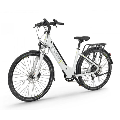 Električno kolo Ecobike X Cross v beli barvi z elegantnim dizajnom in robustnimi pnevmatikami, pripravljeno na vožnjo.