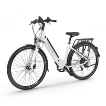 Na sliki je električno kolo znamke Ecobike, model X-Cross. Kolo ima moderno obliko z nizkim prečnim členom, kar olajša dostopnost. Opremljeno je s širokimi pnevmatikami in nosilcem za prtljago na zadnjem delu. Vidni so tudi krmilo in sedež, ki sta prilagodljiva za udobno vožnjo.