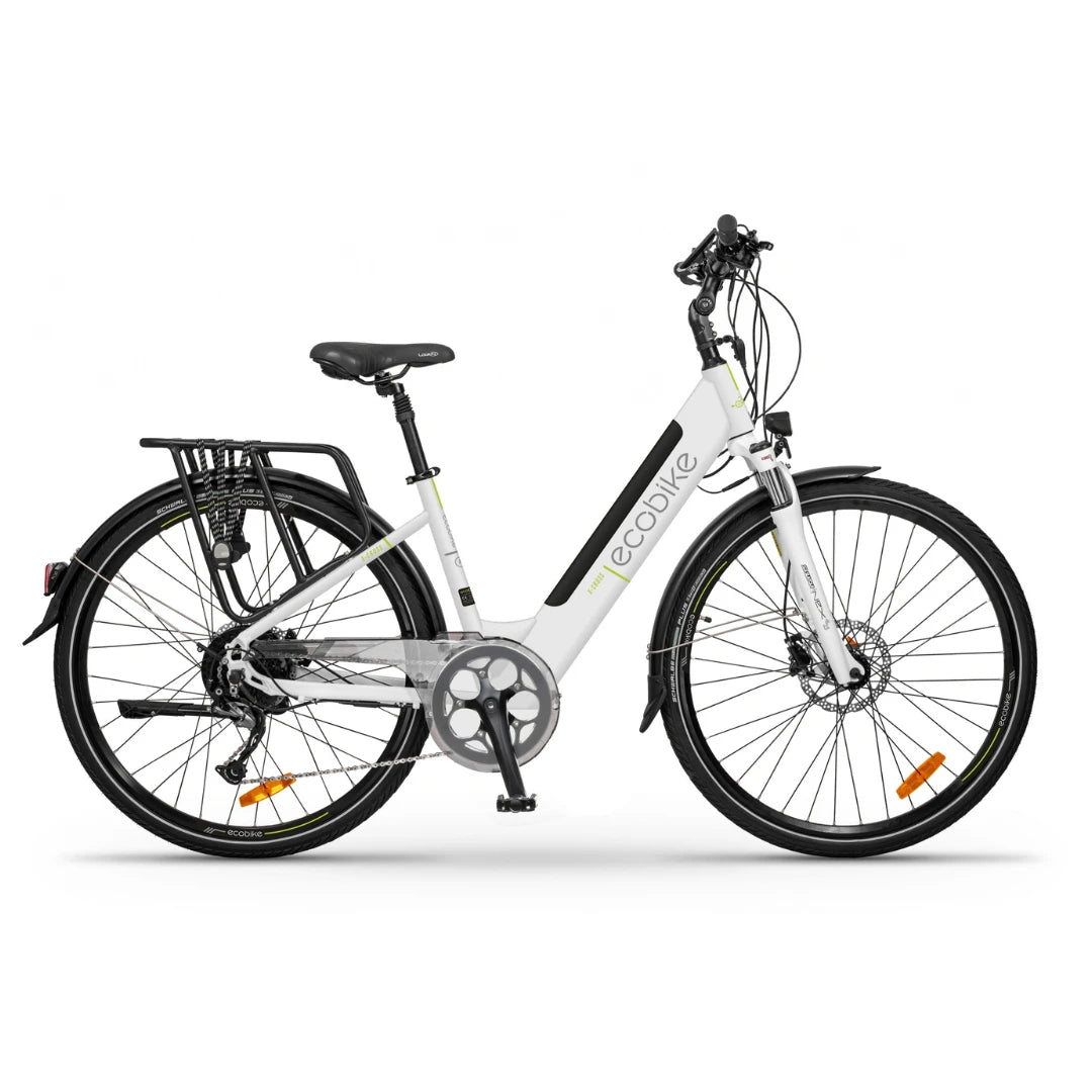 Električno kolo Ecobike X Cross v beli barvi, s prefinjenim dizajnom in trdnim okvirjem.