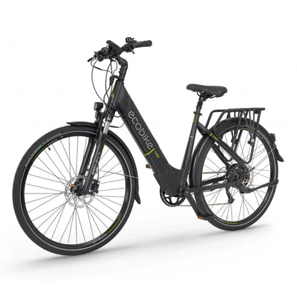 Izdelek na sliki je električno kolo znamke Ecobike, model X-Cross. Kolo ima moderno obliko z nizkim prečnim okvirjem, kar olajša vstopanje. Opremljeno je z debelimi pnevmatikami in disk zavornim sistemom, kar zagotavlja dobro stabilnost in varnost. Na zadnjem delu kolesa je tudi nosilec za prtljago.